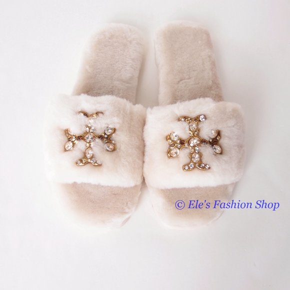 NIB Tory Burch Jeweled Double T Shearling Slipper Buttermilk US 7.5 8 8.5 9 9.5 - Picture 10 of 16